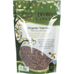 50g pouch of Healing Concepts Organic Valerian tea featuring a simple white label with green text and a clear window.