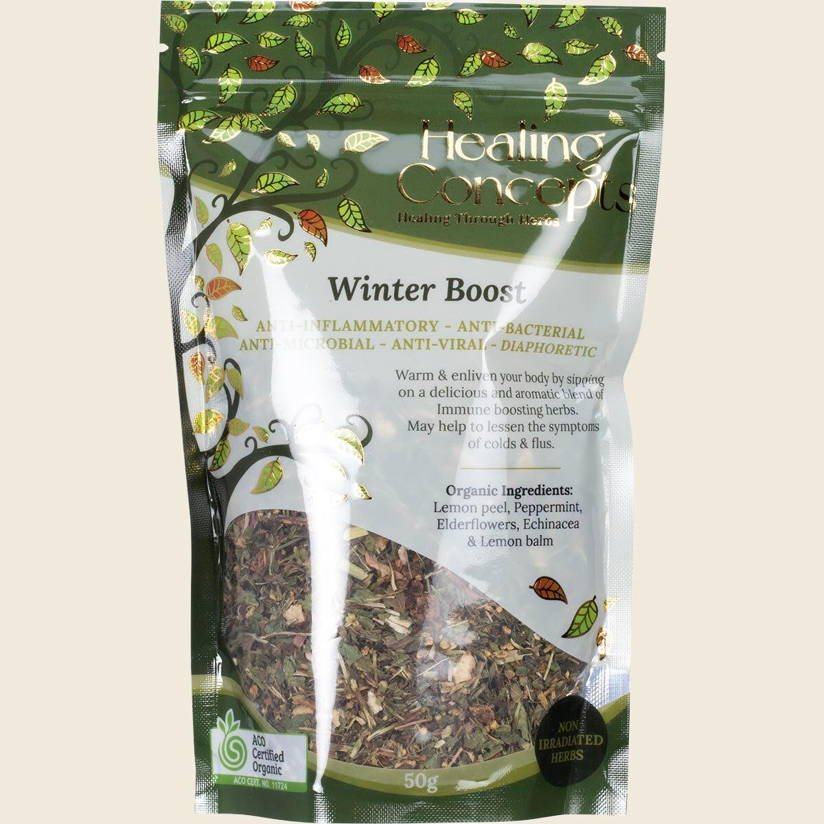 50g bag of Healing Concepts Winter Boost loose leaf herbal tea with a natural kraft paper packaging and clear window.