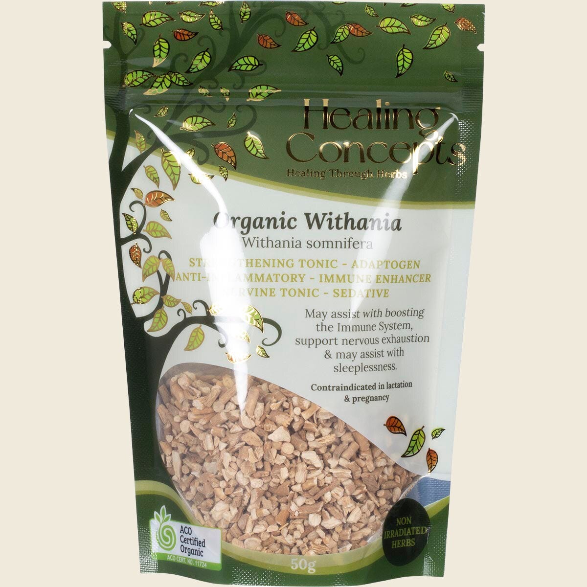 50g resealable pouch of Healing Concepts Organic Withania tea with a white label and botanical illustrations.