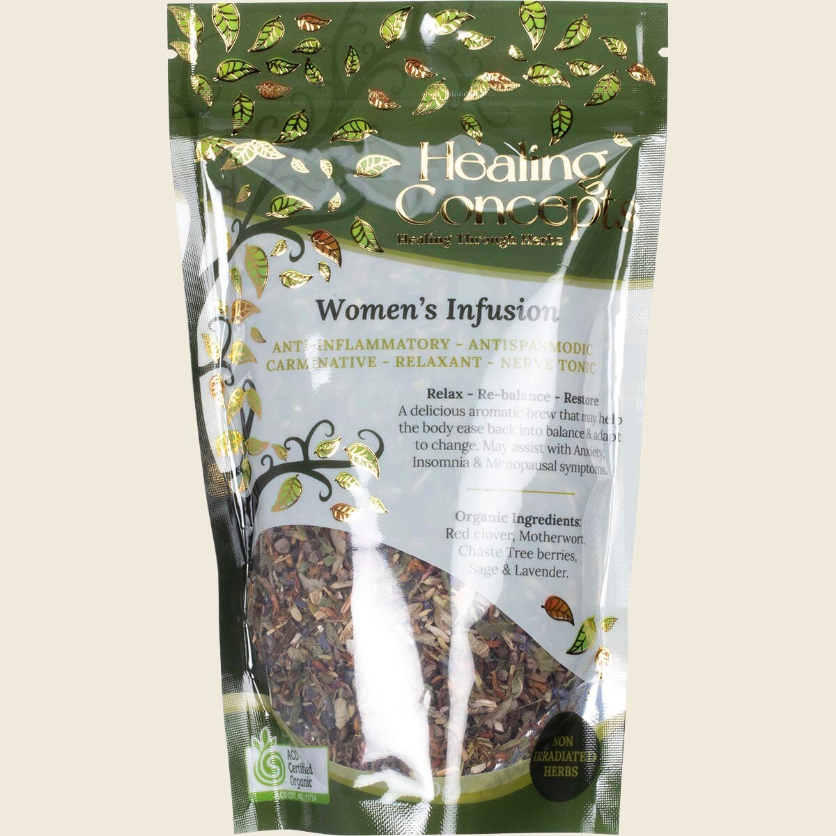 Healing Concepts Women's Infusion 40g resealable tea pouch featuring organic herbal ingredients for balance and restoration.