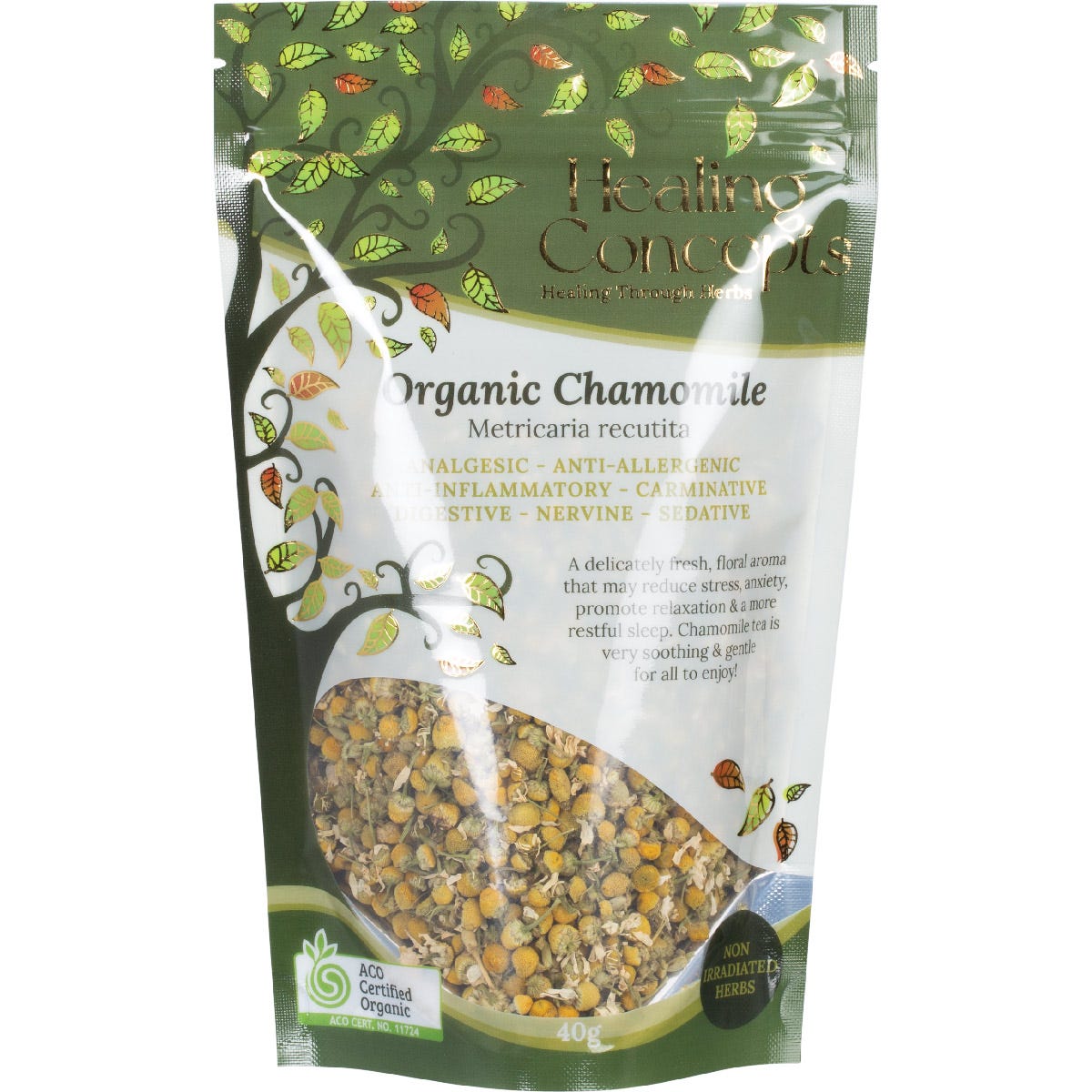 40g bag of Healing Concepts Organic Chamomile tea featuring dried yellow and white flower buds on the label.
