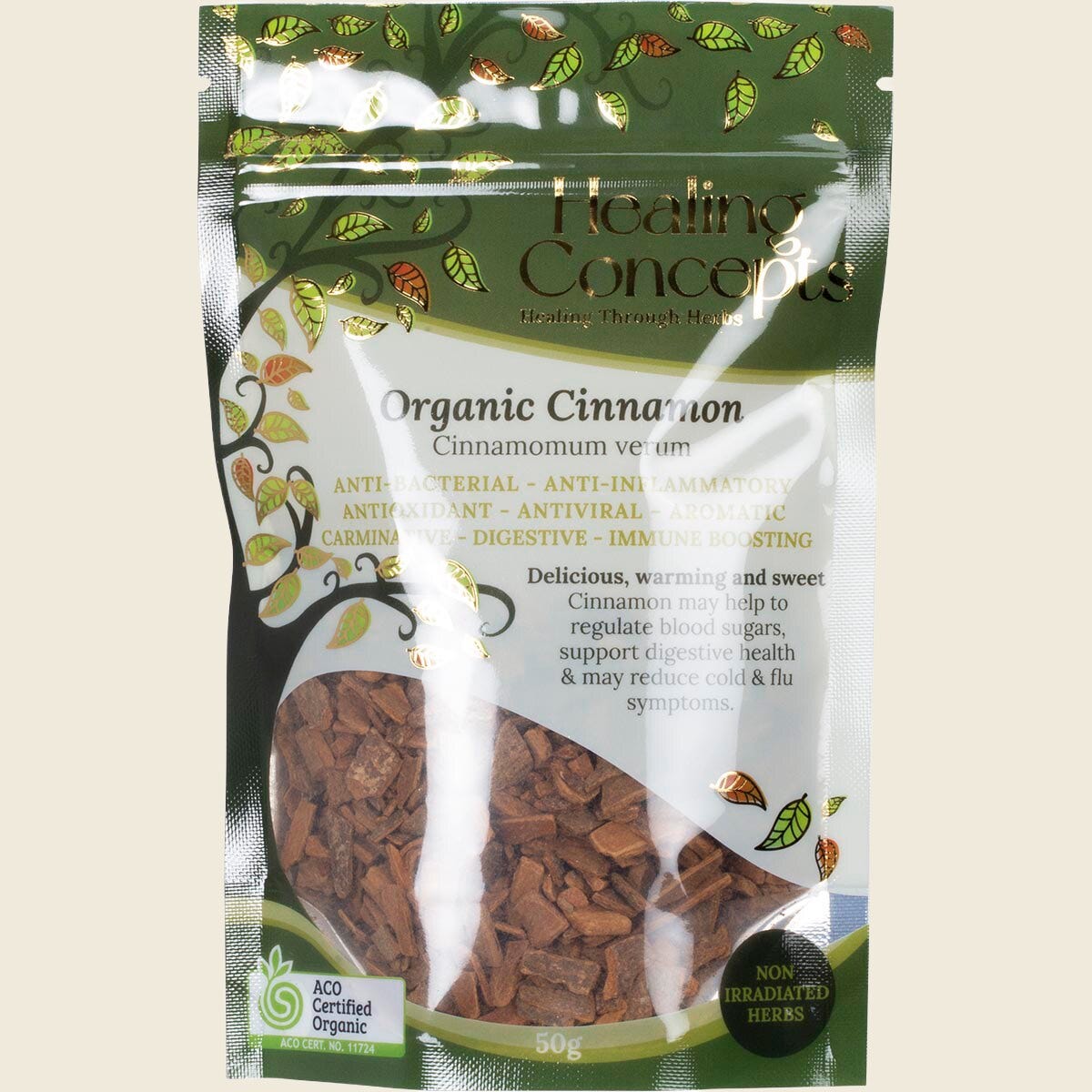 Healing Concepts 50g pack of Organic Cinnamon featuring a brown label with botanical leaf illustrations.
