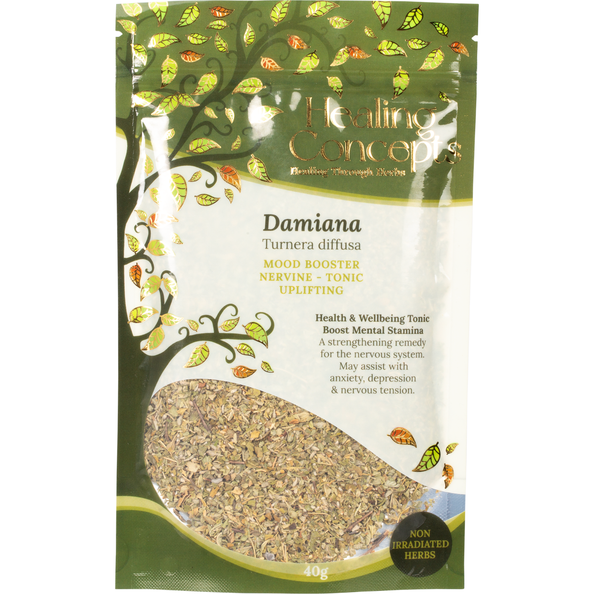 Healing Concepts Damiana 40g bag of dried organic loose leaf herbal tea with yellow flowers on the label.
