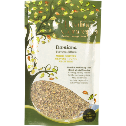Healing Concepts Damiana 40g bag of dried organic loose leaf herbal tea with yellow flowers on the label.