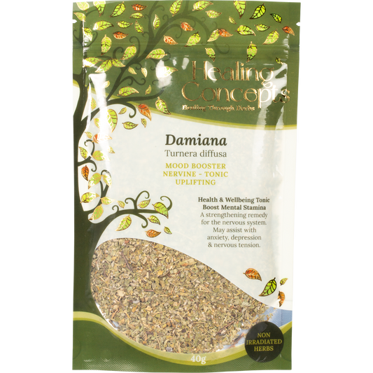 Healing Concepts Damiana 40g bag of dried organic loose leaf herbal tea with yellow flowers on the label.