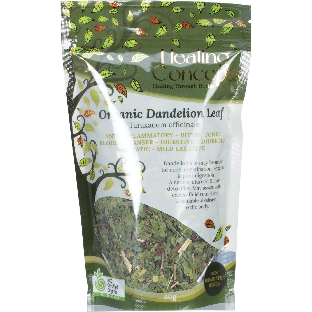 Healing Concepts Organic Dandelion Leaf 40g tea bag with a green and white label on a white background.