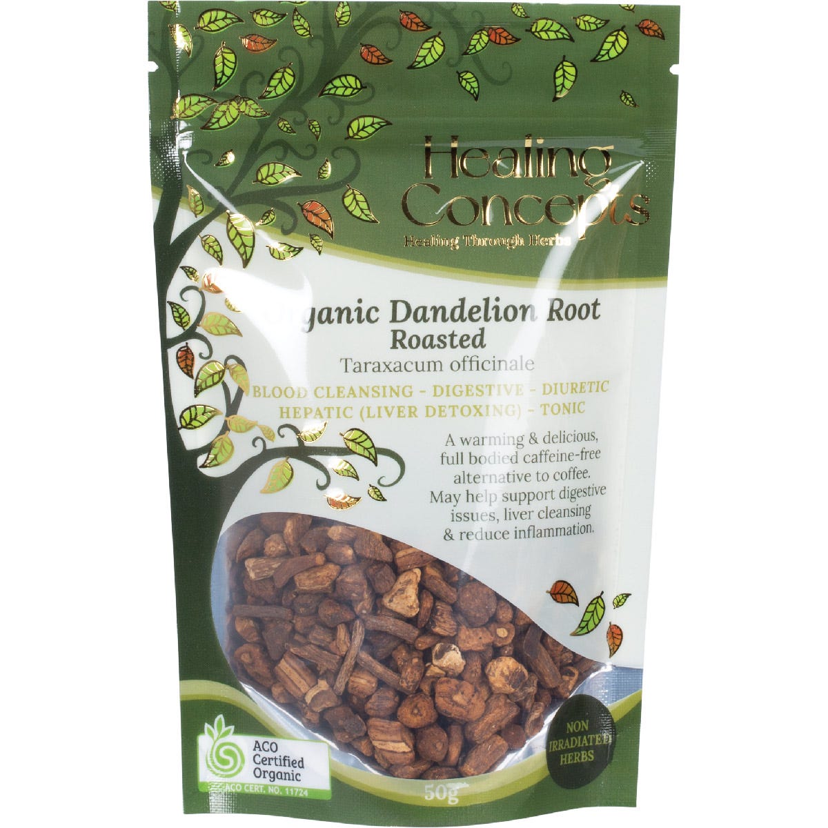 Healing Concepts Organic Dandelion Root Roasted 50g pouch with a gold logo and botanical illustration.