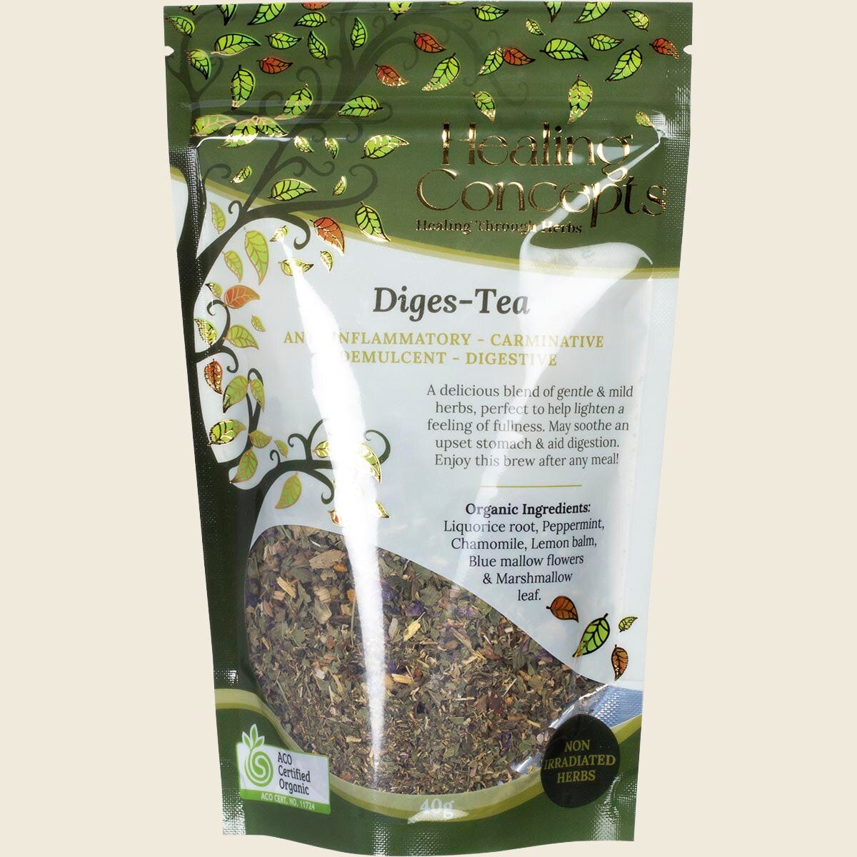 40g pouch of Healing Concepts Organic Diges-Tea, a herbal blend for digestive support on a white background.