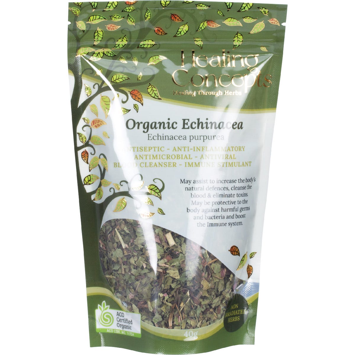 40g pouch of Healing Concepts Organic Echinacea loose leaf tea with botanical illustrations on a white background.