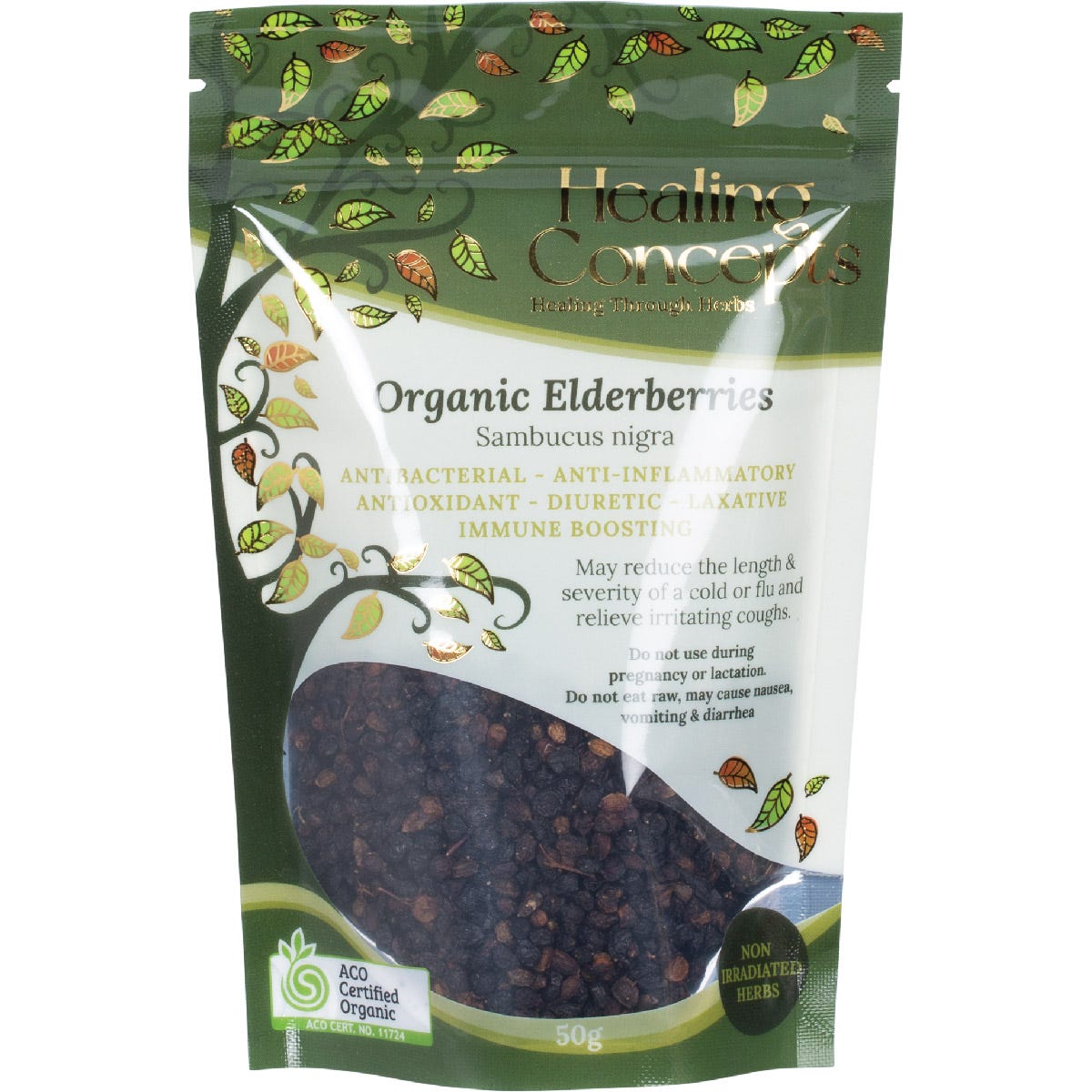 A 50g clear packet of Healing Concepts Organic Elderberries showing dried dark purple berries.