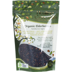 A 50g clear packet of Healing Concepts Organic Elderberries showing dried dark purple berries.