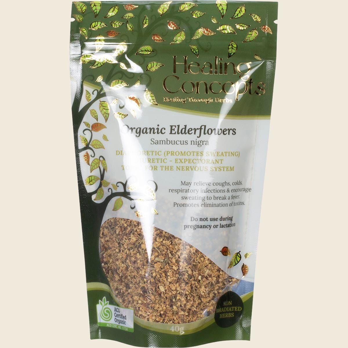 40g resealable pouch of Healing Concepts Organic Elderflowers, a dried herbal tea for wellness.