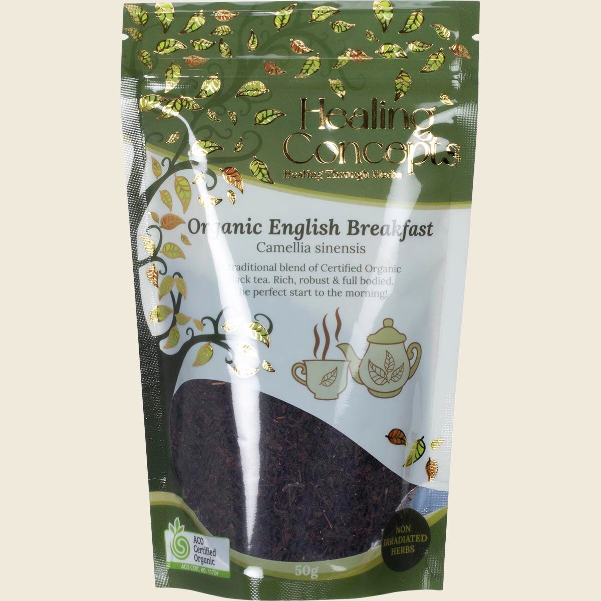 50g pouch of Healing Concepts Organic English Breakfast tea, a full-bodied black tea in a resealable bag.