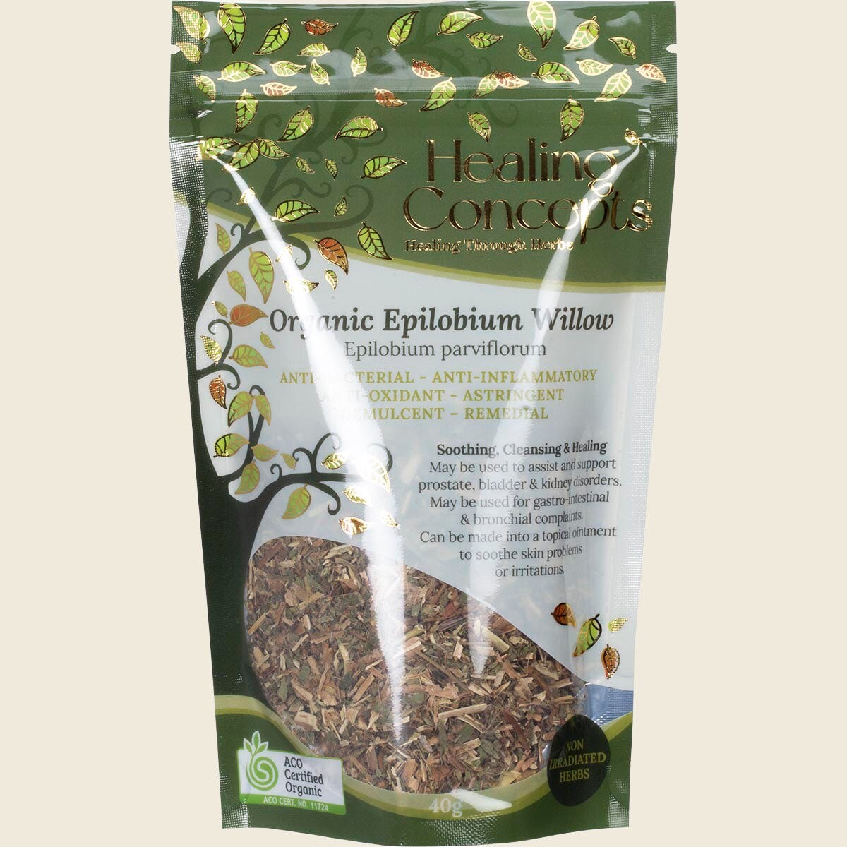 40g bag of Healing Concepts Organic Epilobium Willow loose leaf tea featuring a green botanical design.