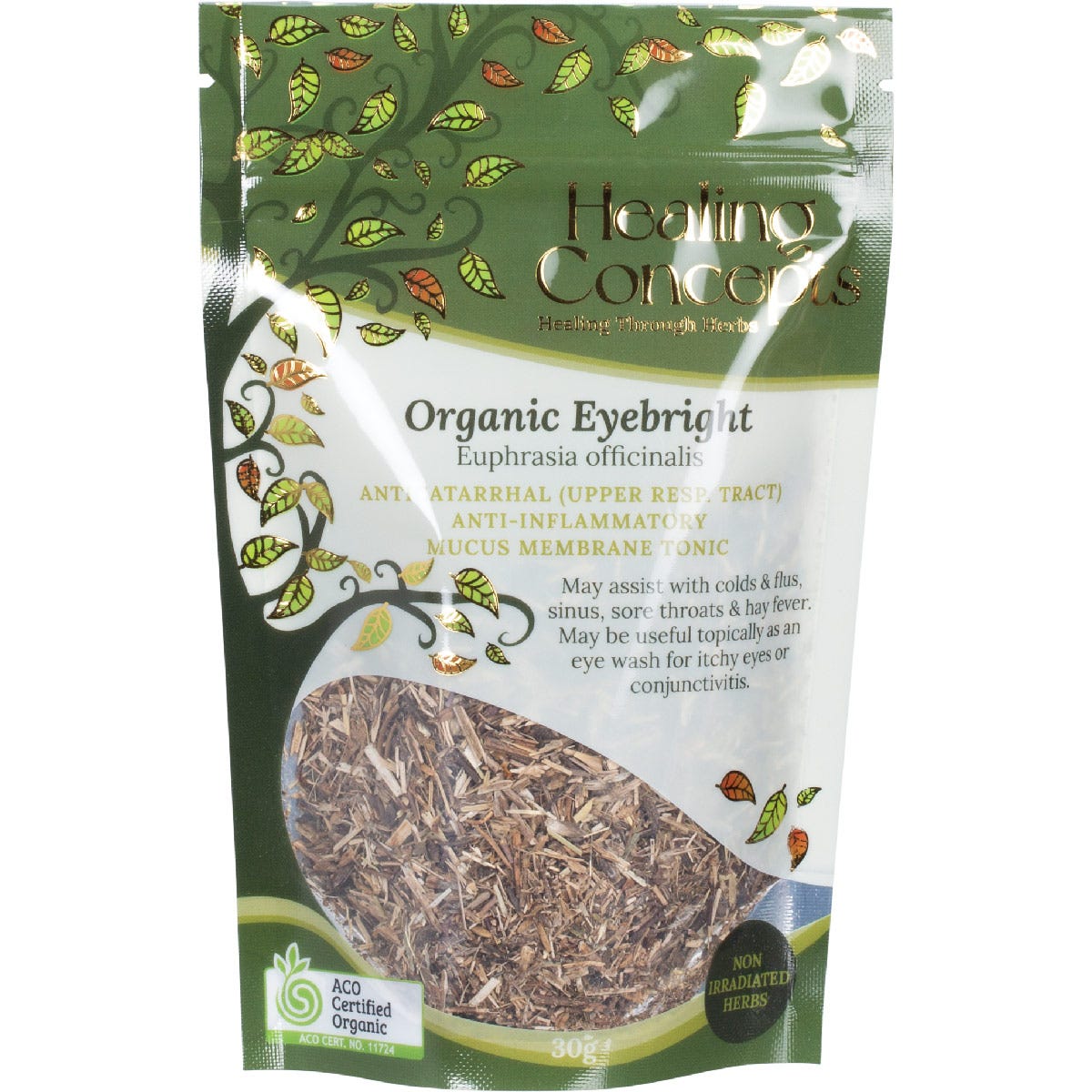 30g bag of Healing Concepts Organic Eyebright herbal tea on a white background.