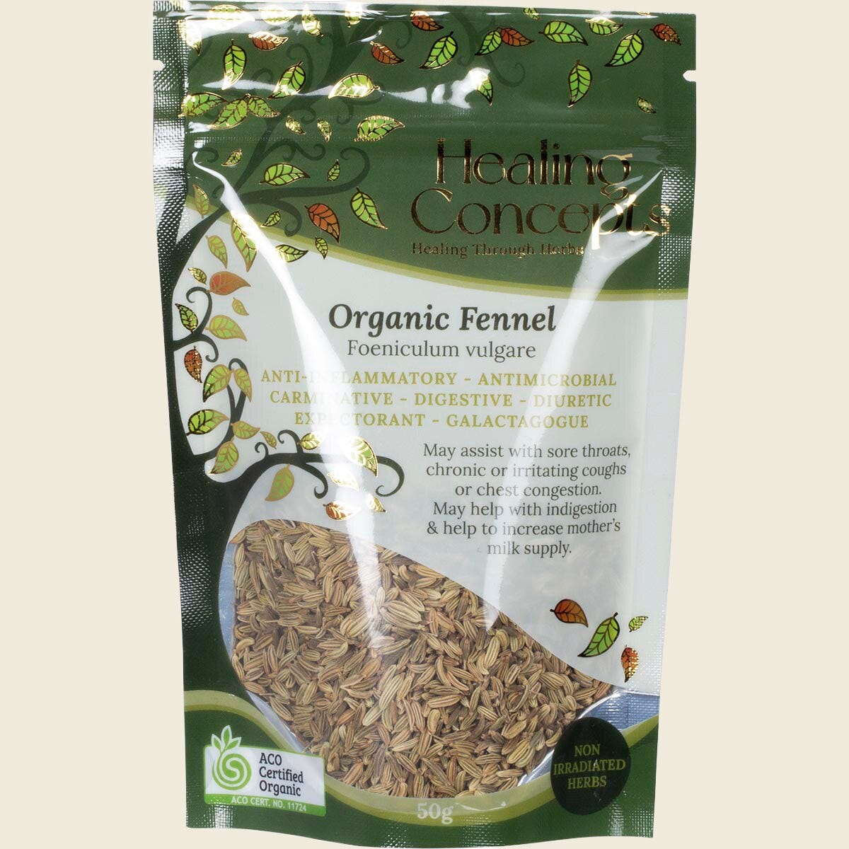 Healing Concepts Organic Fennel 50g tea bag featuring dried organic herbs on a white background.
