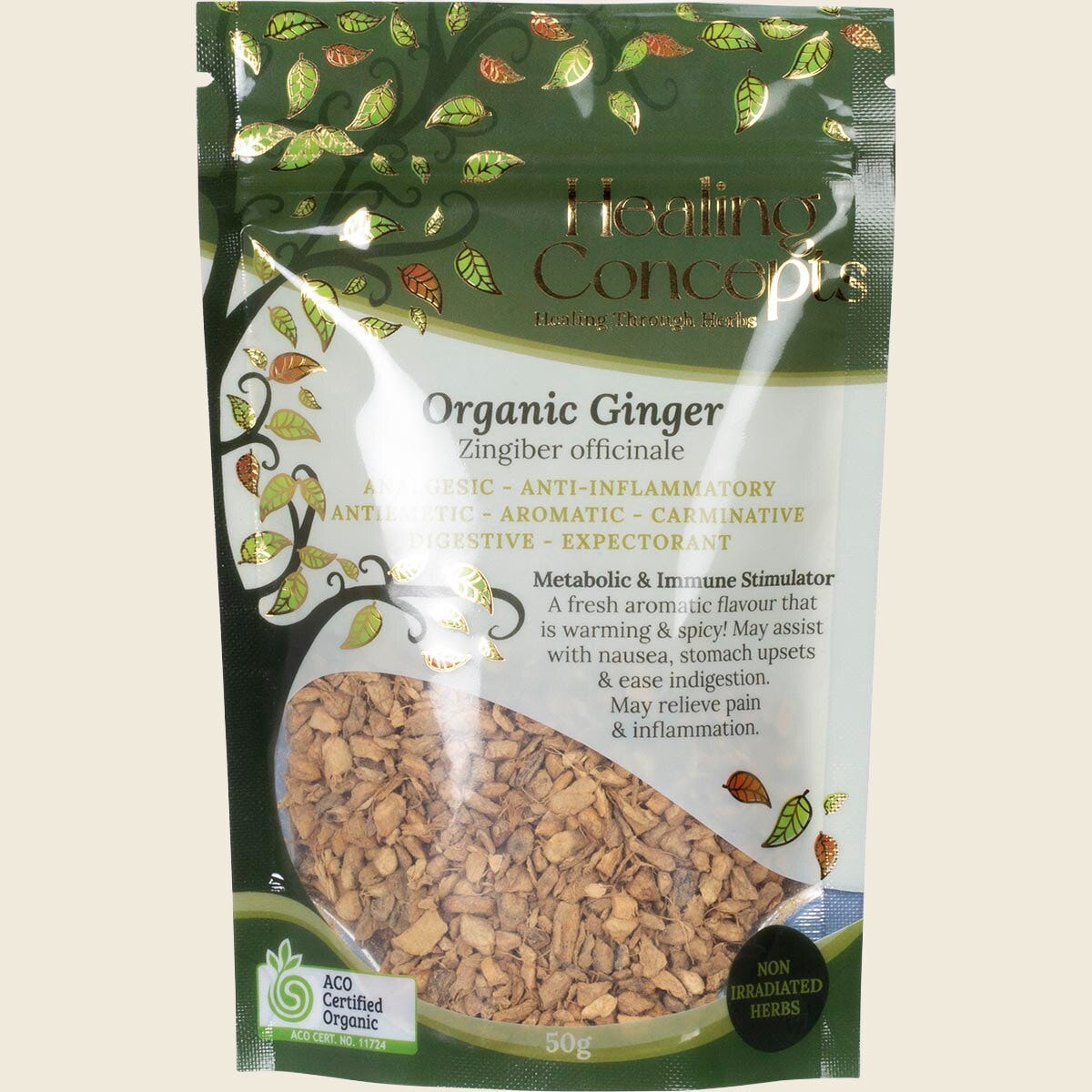 50g pack of Healing Concepts Organic Ginger loose leaf tea featuring dried ginger root pieces.