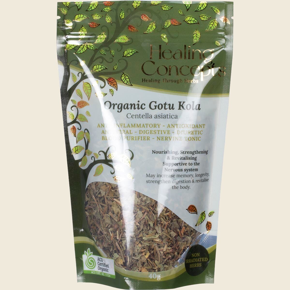 40g bag of Healing Concepts Organic Gotu Kola tea leaves featuring a green label with botanical illustrations.