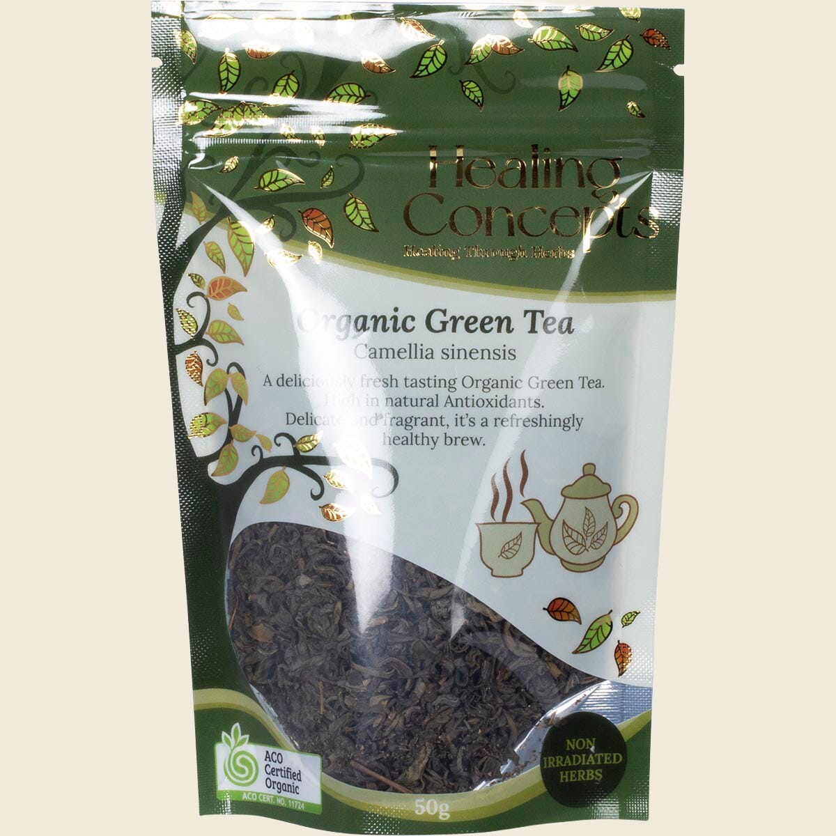 Healing Concepts Organic Green Tea 50g resealable pouch featuring green leaf illustrations.