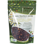 Healing Concepts Organic Hawthorn Berries 50g in a clear resealable pouch with a white and green botanical label.