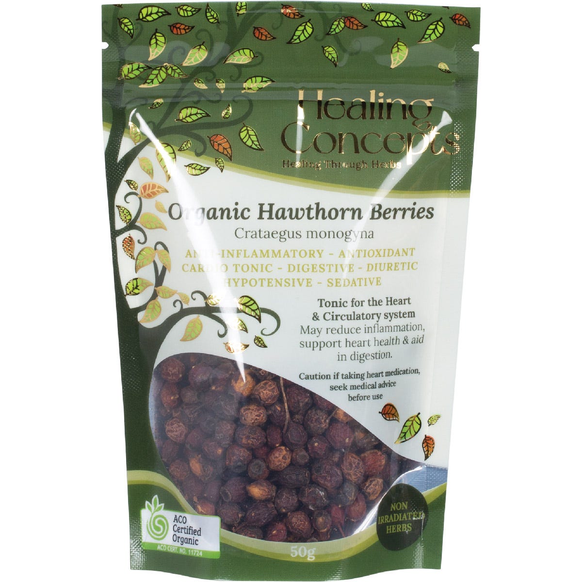 Healing Concepts Organic Hawthorn Berries 50g in a clear resealable pouch with a white and green botanical label.