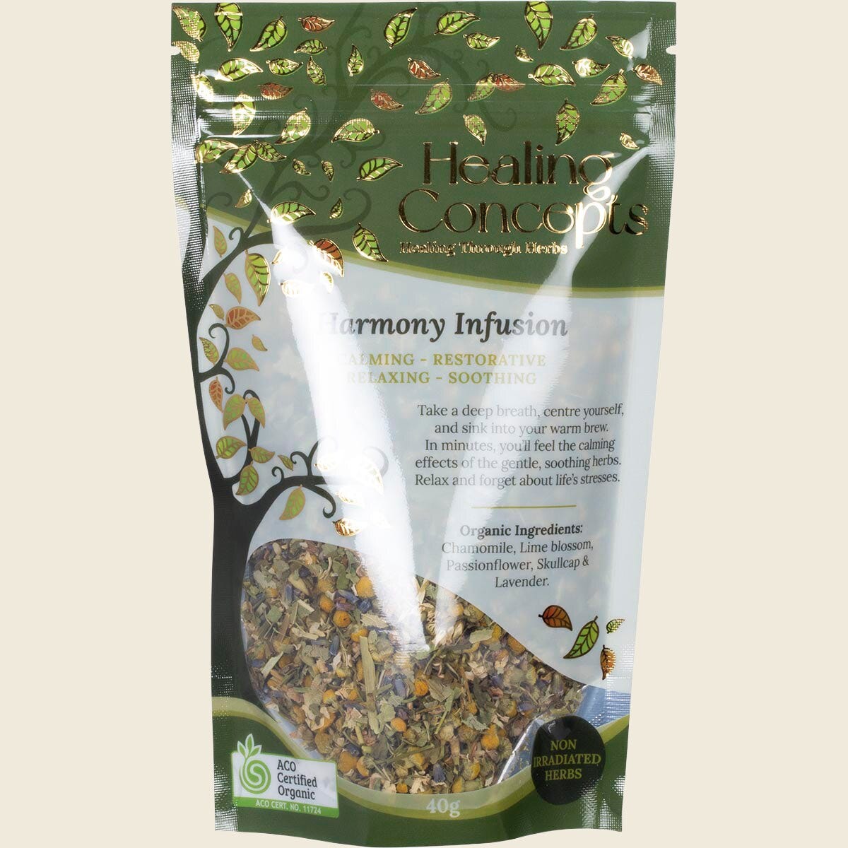 Healing Concepts Harmony Infusion 40g resealable pouch featuring organic herbs for relaxation and balance.