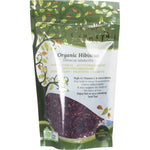 50g bag of Healing Concepts Organic Hibiscus loose leaf tea with botanical illustrations and product benefits.