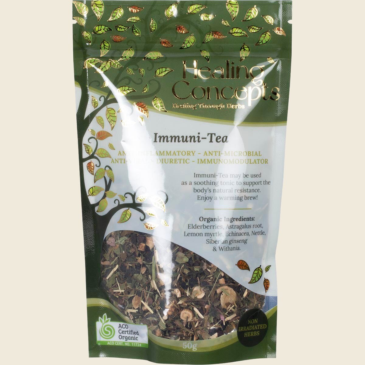 Healing Concepts Immuni-Tea 50g resealable pouch featuring a blend of organic immune-boosting herbs.