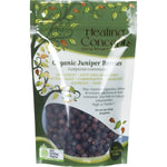 50g bag of Healing Concepts Organic Juniper Berries featuring dark dried berries through a clear window.