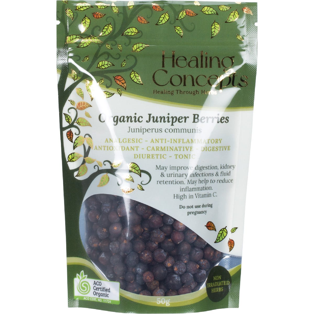 50g bag of Healing Concepts Organic Juniper Berries featuring dark dried berries through a clear window.