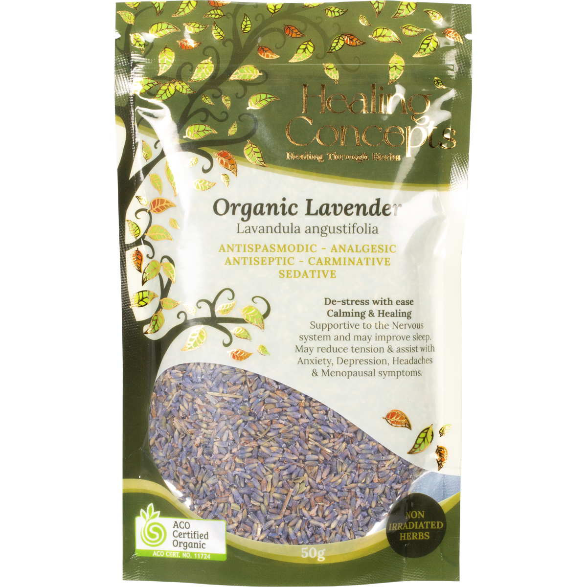 Healing Concepts Organic Lavender 50g bag of loose leaf tea on a white background.