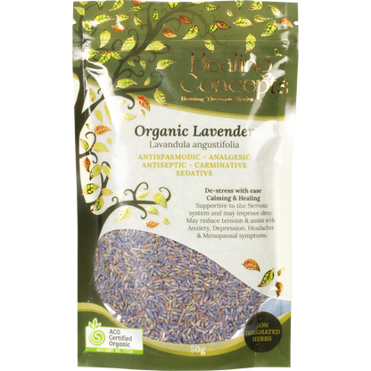 Healing Concepts Organic Lavender 50g bag of loose leaf tea on a white background.