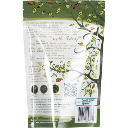 The back of a Healing Concepts Organic Lavender 50g bag showing product information and benefits on a white background.