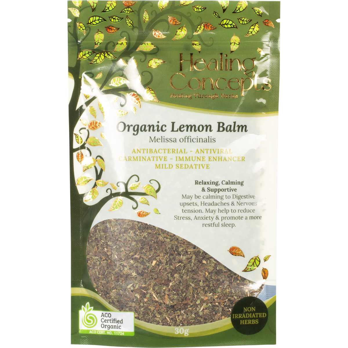 Healing Concepts Organic Lemon Balm 30g tea in a clear bag with a white and green label and dried green herbs.