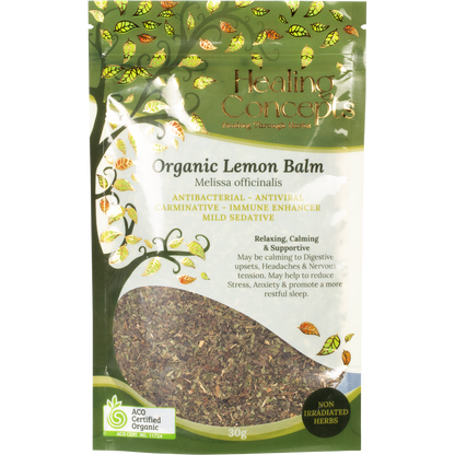 Healing Concepts Organic Lemon Balm 30g tea in a clear bag with a white and green label and dried green herbs.