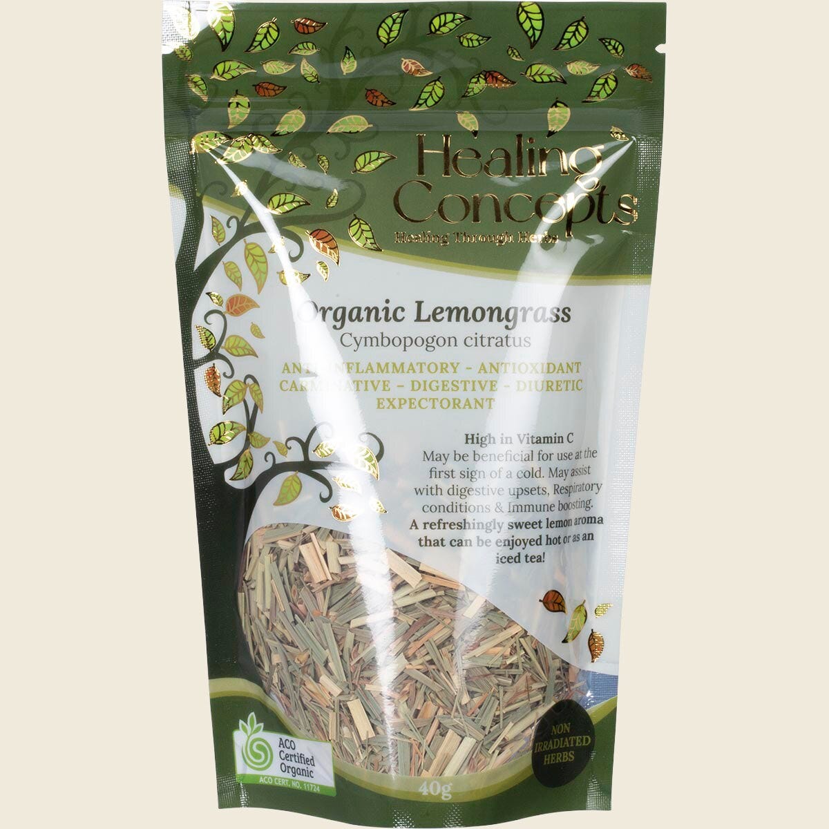 40g resealable pouch of Healing Concepts Organic Lemongrass tea with a green and white botanical label.