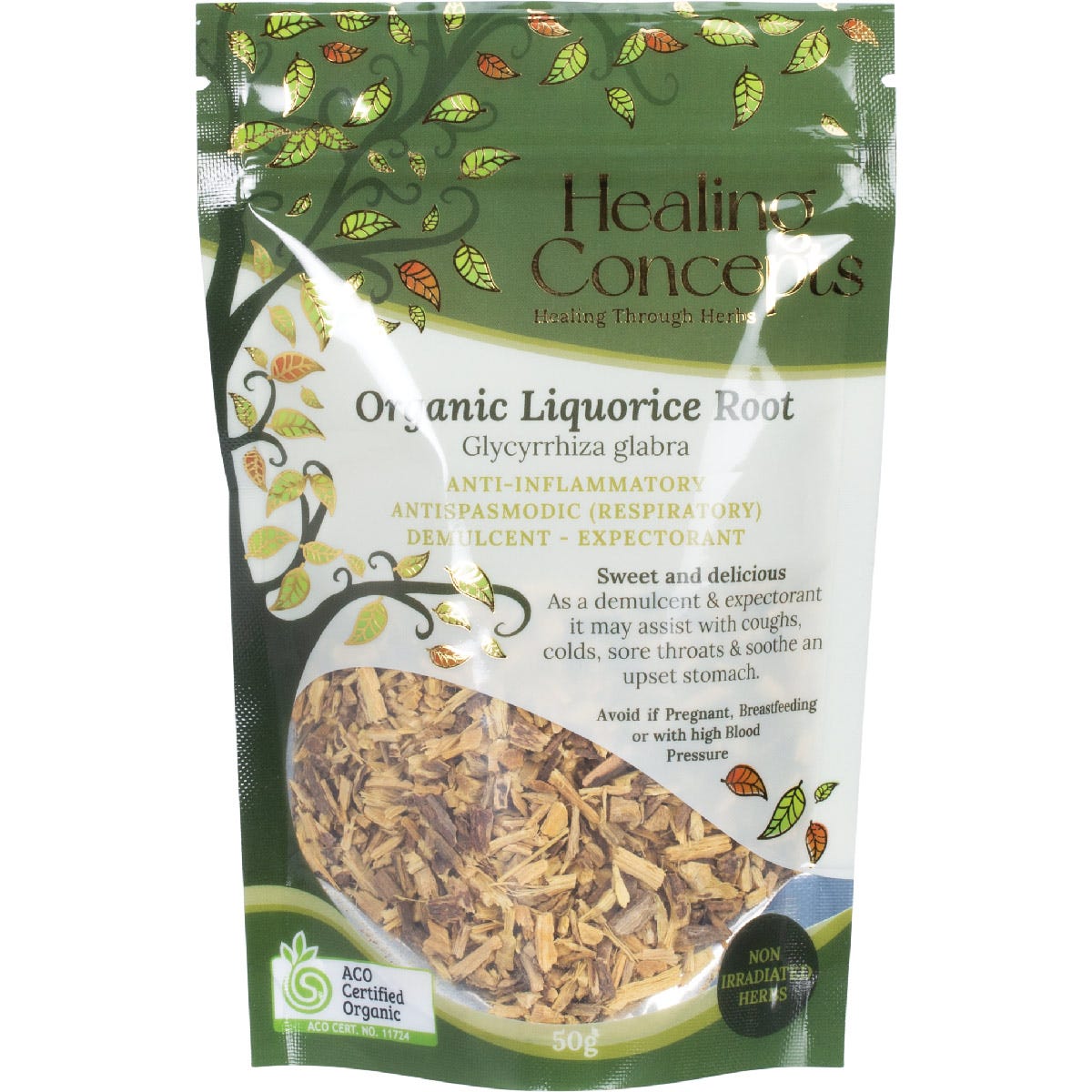 Healing Concepts Organic Liquorice Root 50g clear packaging showing dried brown root pieces and a white brand label.