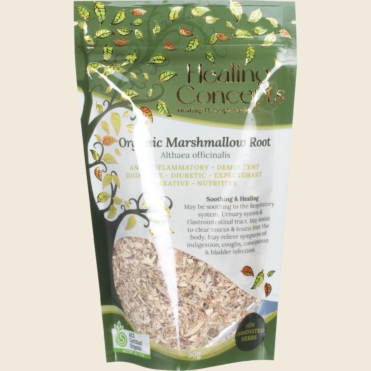 50g bag of Healing Concepts Organic Marshmallow Root tea with botanical illustrations on a white background.