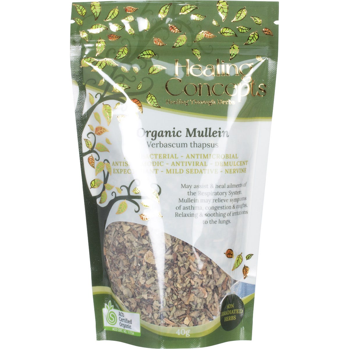 Healing Concepts Organic Mullein 40g tea in a clear resealable pouch with a white and green label.
