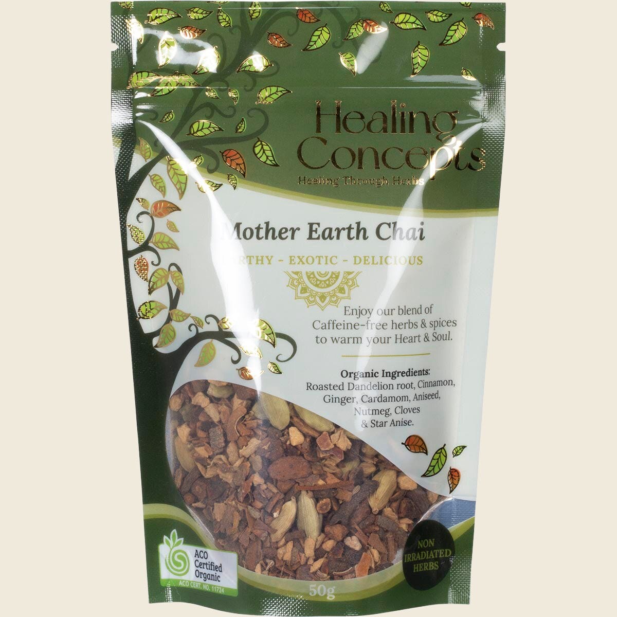 50g pouch of Healing Concepts Organic Mother Earth Chai tea, a caffeine-free blend of aromatic herbs and spices.
