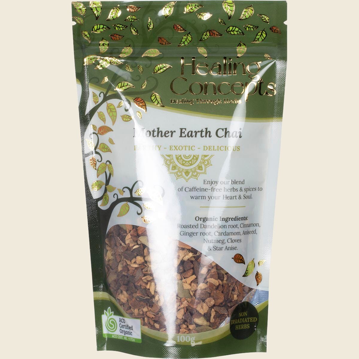100g pouch of Healing Concepts Organic Mother Earth Chai, a caffeine-free herbal blend with dandelion root and spices.