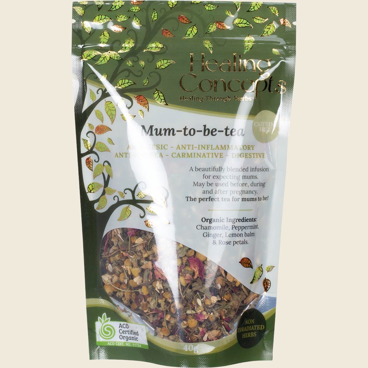 Healing Concepts Organic Mum-To-Be-Tea 40g resealable pouch featuring a floral design for pregnancy and postpartum.