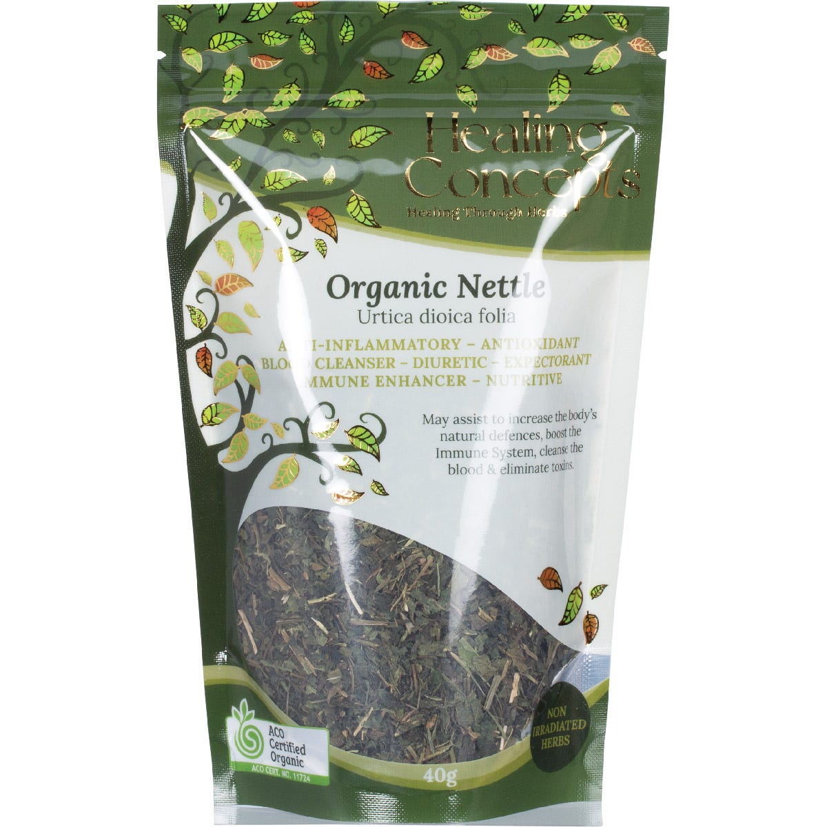 Healing Concepts Organic Nettle 40g bag with dried nettle leaves visible through a clear window.