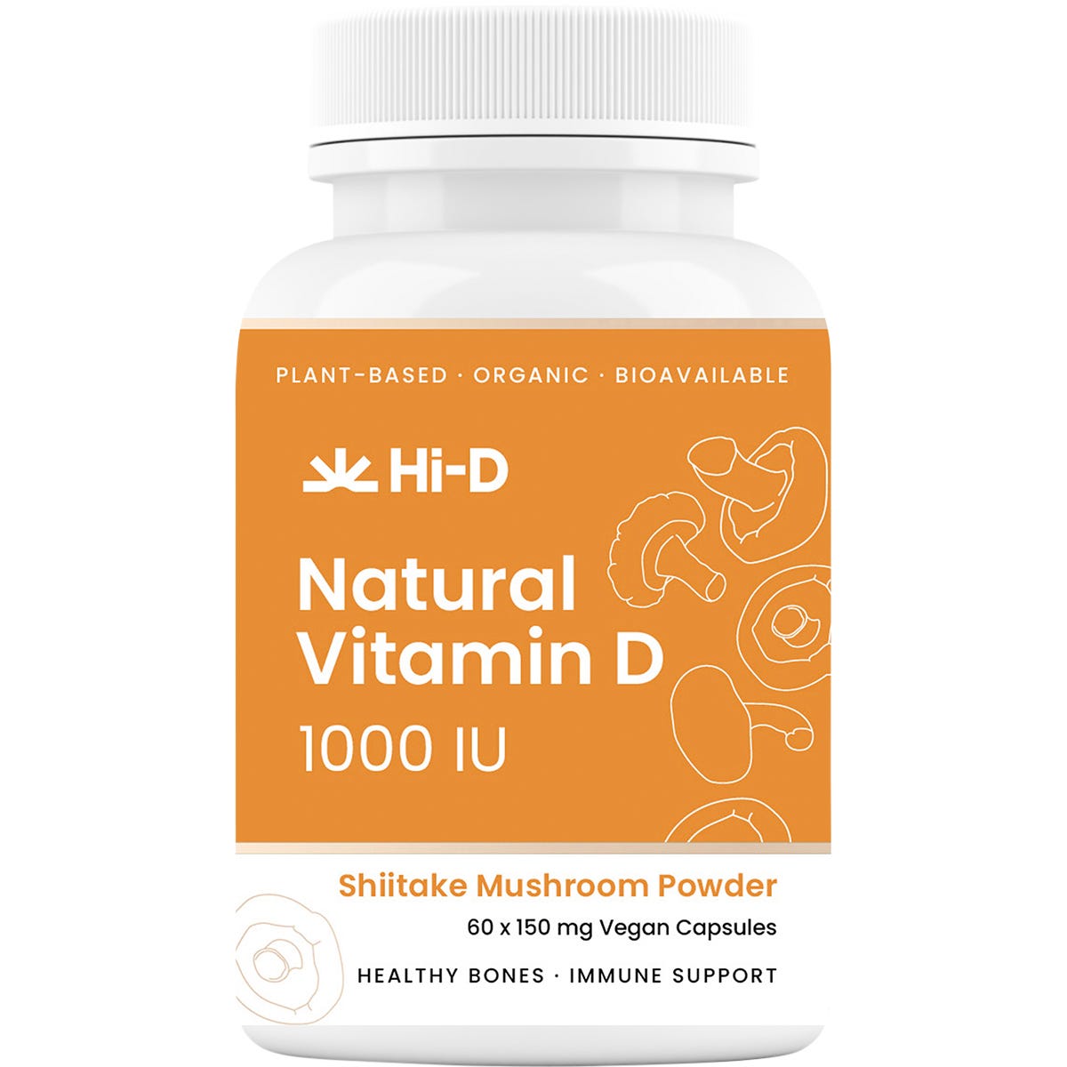 White bottle of Hi-D Natural Vitamin D 1000 IU 60 caps made from organic shiitake mushrooms on a white background.