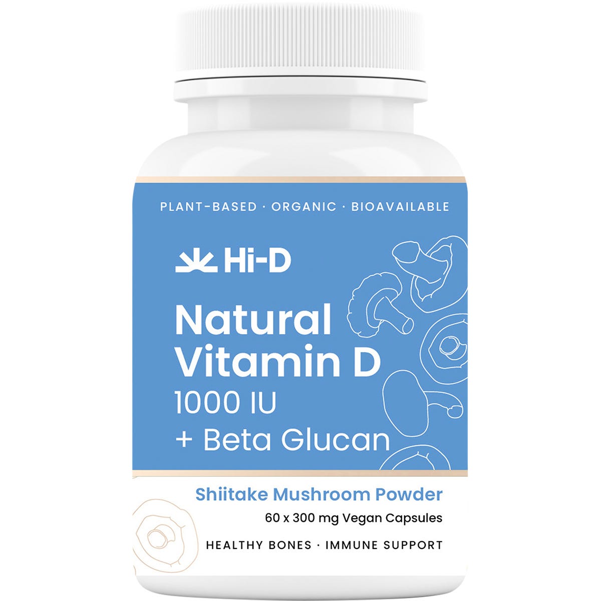 Hi-D Natural Vitamin D 1000 IU and Beta Glucan 60 Capsules supplement bottle.