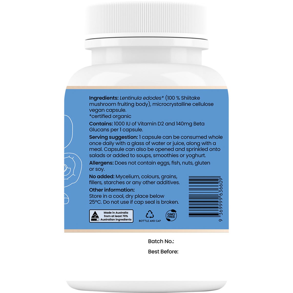 Right side of a Hi-D Natural Vitamin D 1000 IU + Beta Glucan 60 capsules bottle showing ingredients and nutrition facts.
