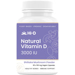 60 count tub of Hi-D Natural Vitamin D 3000 IU capsules made from organic shiitake mushrooms on a white background.