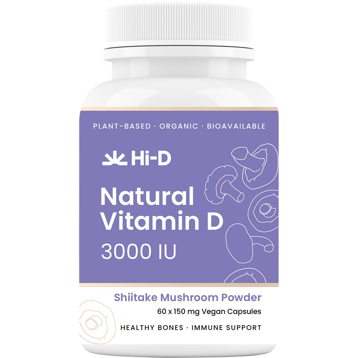 60 count tub of Hi-D Natural Vitamin D 3000 IU capsules made from organic shiitake mushrooms on a white background.