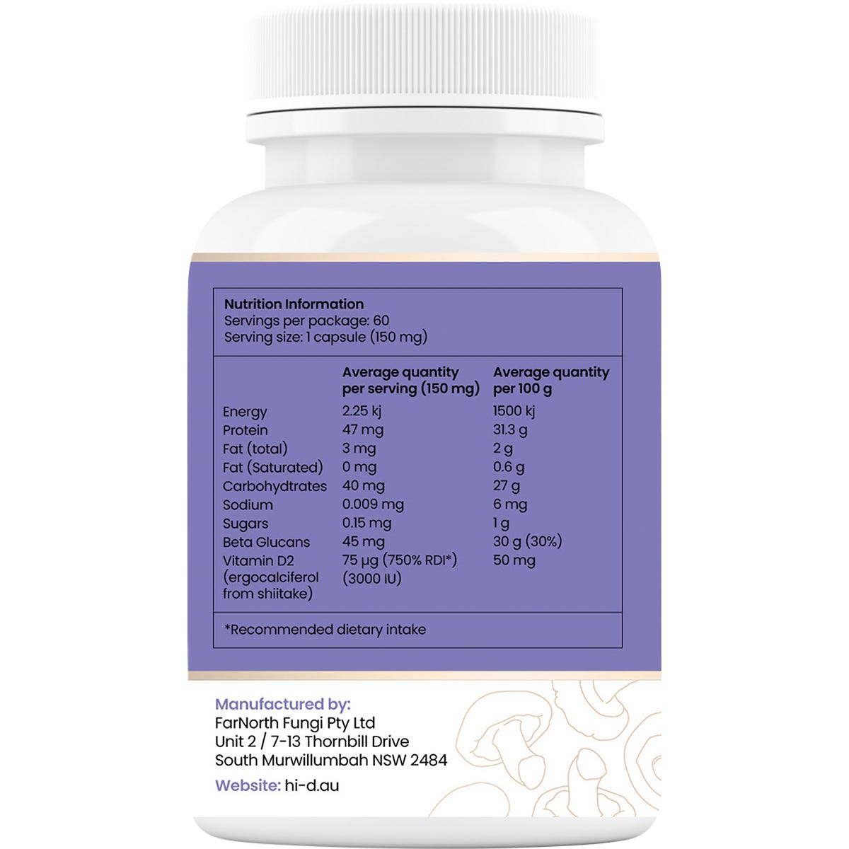 Side view of a 60 capsule tub of Hi-D Natural Vitamin D 3000 IU made from organic shiitake mushrooms.