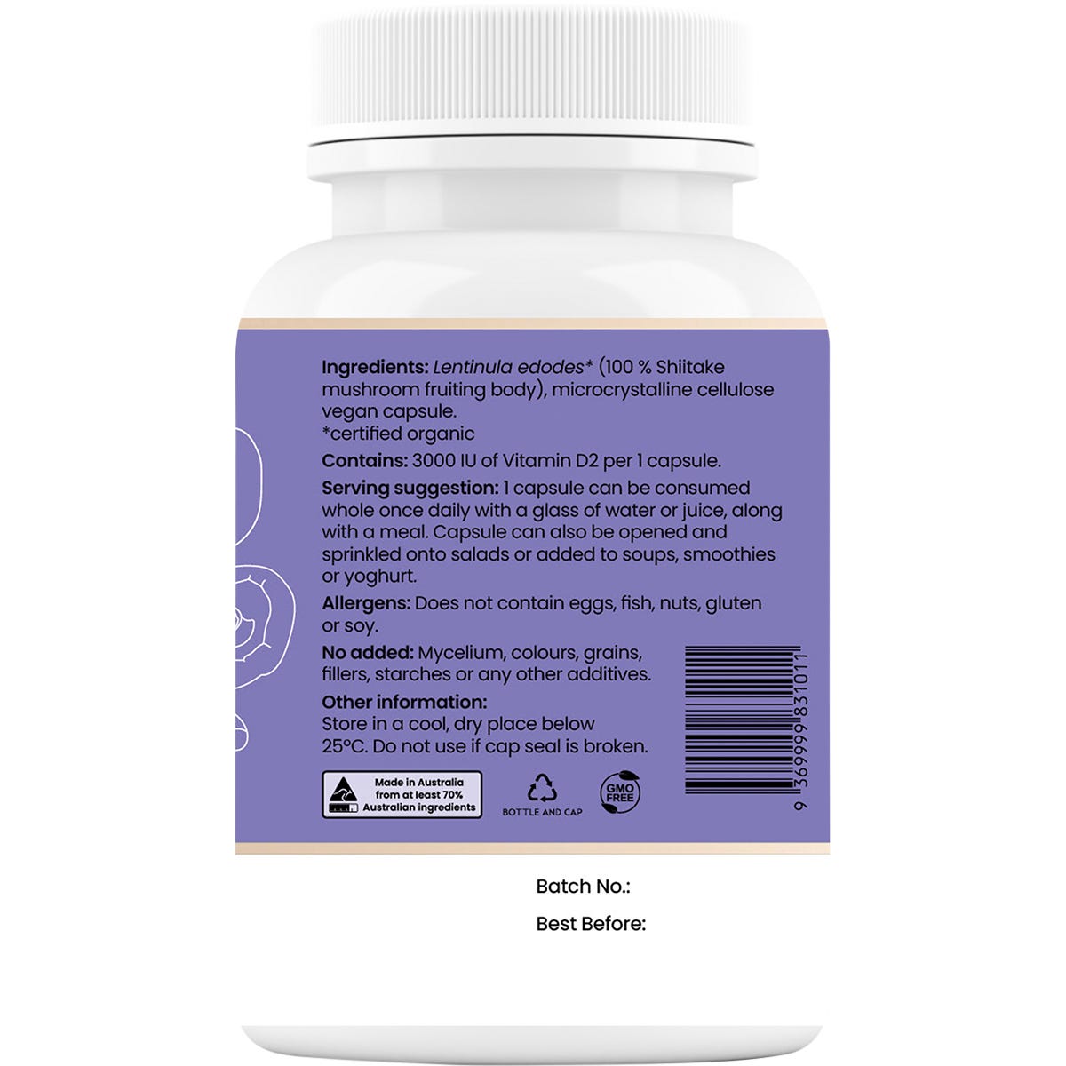 Right side of a Hi-D Natural Vitamin D 3000 IU 60-capsule tub showing product information and organic mushroom details.